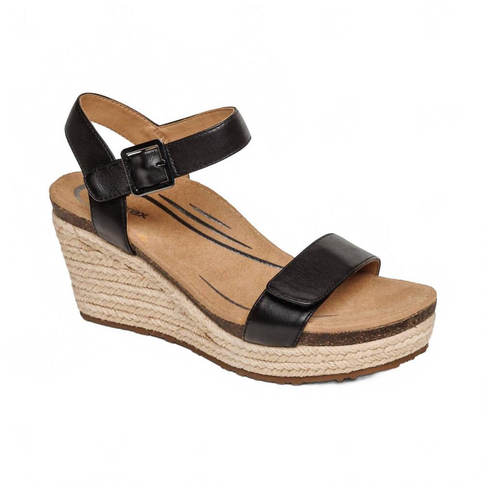 NEW AETREX women's sydney espadrille quarter strap wedge sandals in black leathe